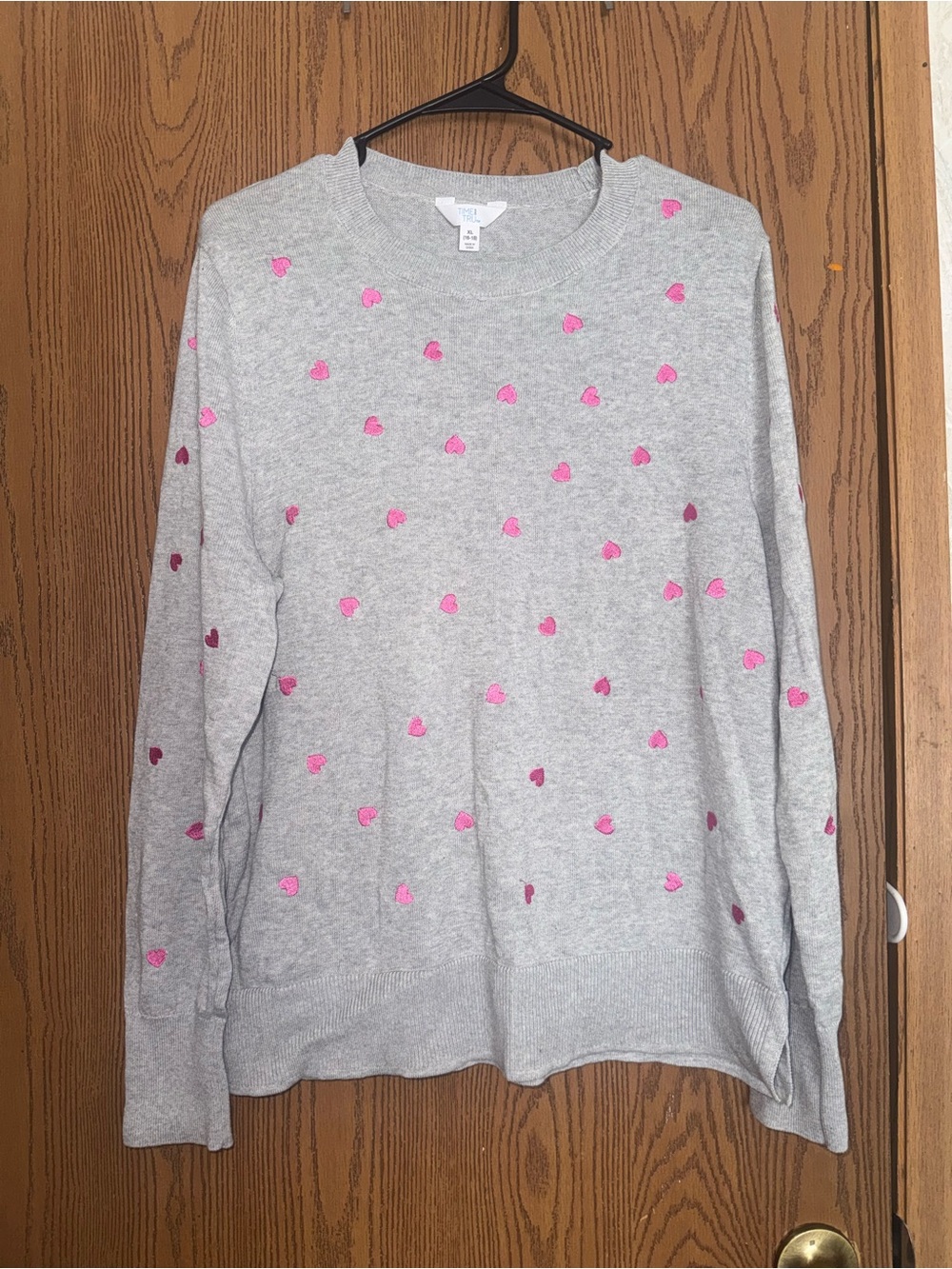Time and Tru Gray Crewneck Sweater with Pink Heart Motif